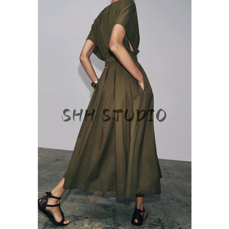 Summer Women's Cotton V Neck Drop Shoulder Short Sleeve Pleated Design Midi Skirt Dress 2965260 2965278