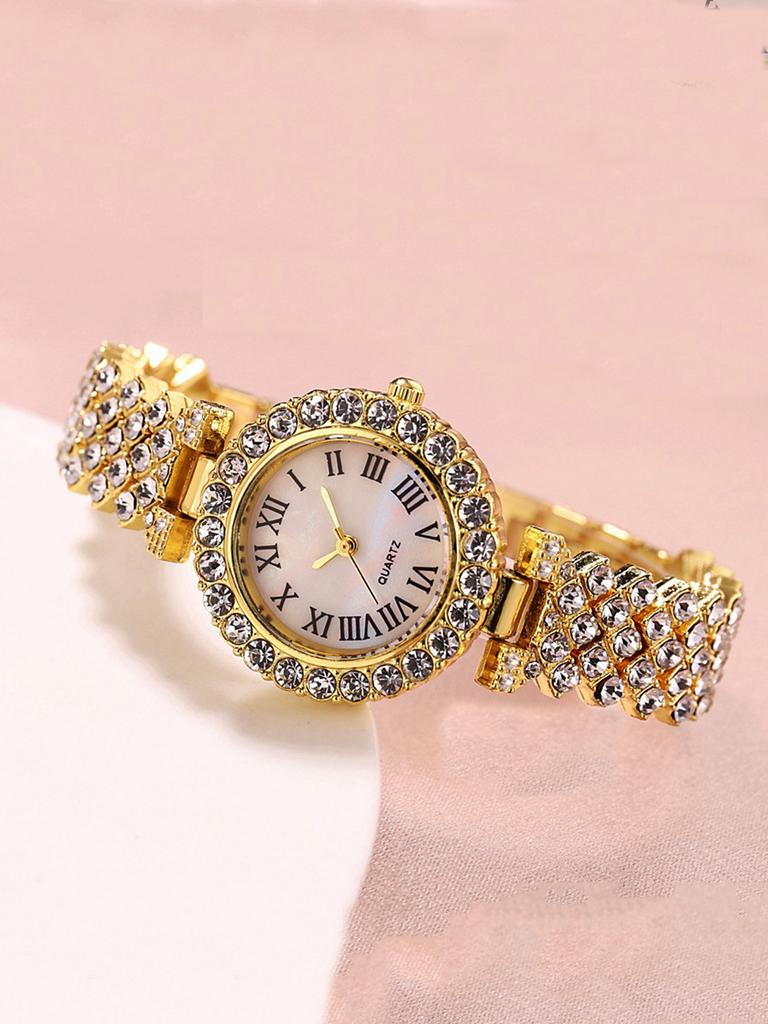 Luxury and fashion full diamond Women's quartz watch and jewelry 5-piece set, suitable for everyday wear, Thanksgiving and Chris