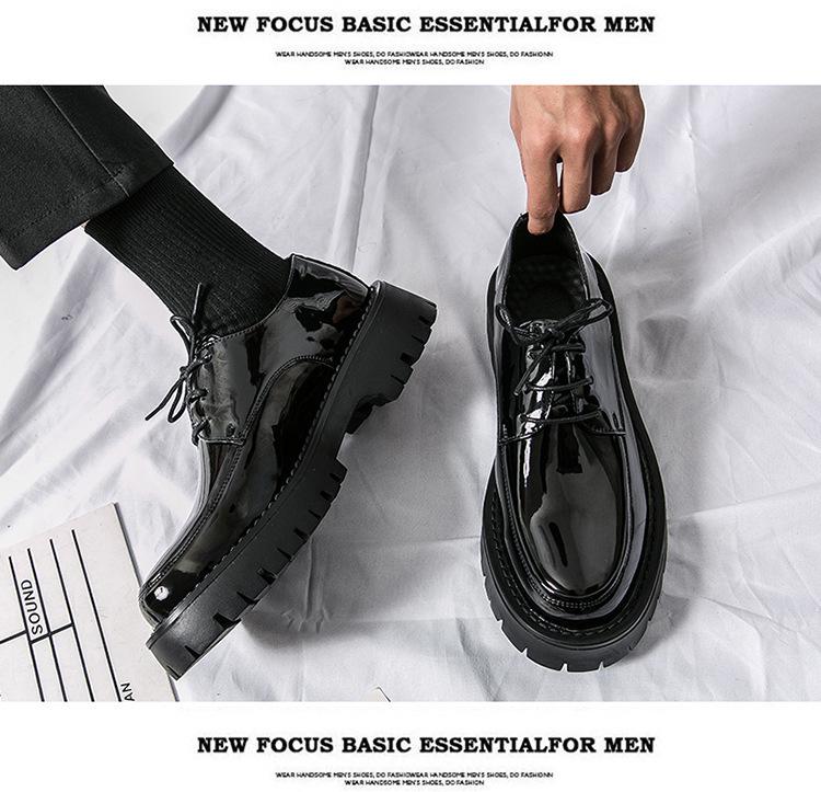 2025 Men's Chunky Glossy Leather Lace-up Casual Shoes with Thick Sole & Square Heel