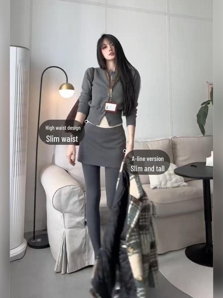 Women's Gray Wool Blend High-Waisted Bodycon A-Line Skirt - Korean Style Elegant Spring Arrival