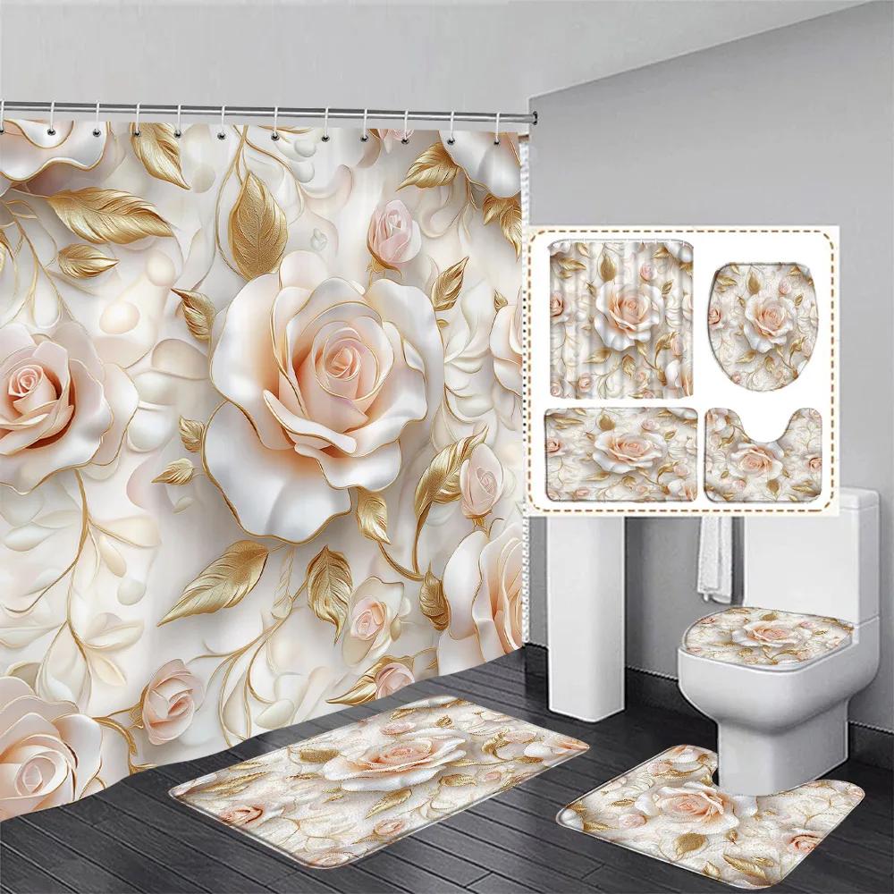 Luxury Pink Floral Butterfly Shower Curtain Set Diamond Flower Art Bathroom Decor Bath Curtains Bath Mats Toilet Lid Cover