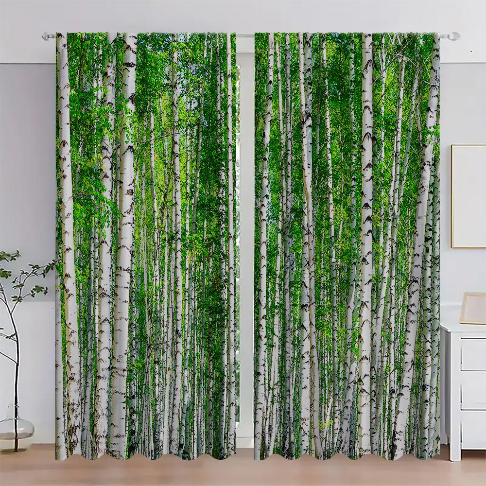 2PC Home Birch Forest Curtains With Landscape Background And Pole Pocket Curtains, Kitchen, Coffee Shop, Living Room
