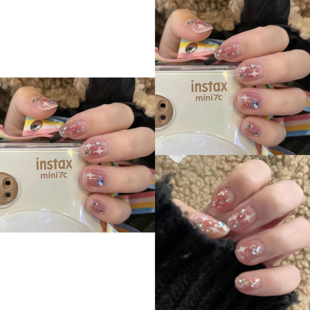 Brightening And Detachable Artificial Nail Stickers For Students Short Medium Long With Rhinestones