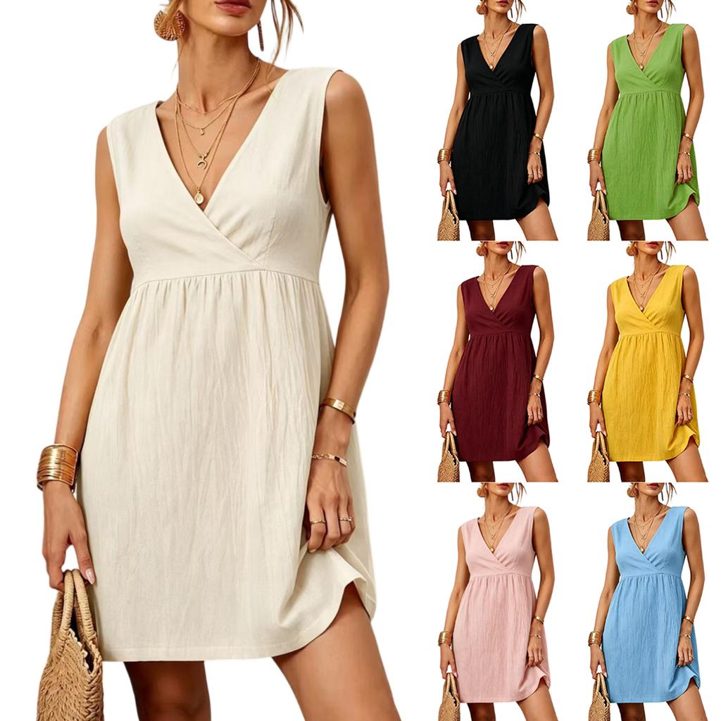 Sleeveless V Neck Solid Dress for Women Elegant Fit and Flare Casual Summer Dress with Soft Lightweight Fabric