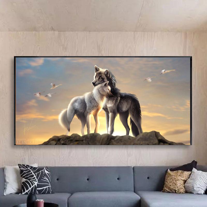 Pictură pe pânză de lup Lup negru Lup alb Pictură pe pânză Poze de artă de perete pentru decorarea camerei de zi