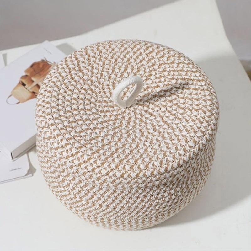Round Storage Basket with Lid Hand-woven Eggs Baskets Girls Bedroom Organizer Desktop Cosmetic Organizer for Toy Towel top sale