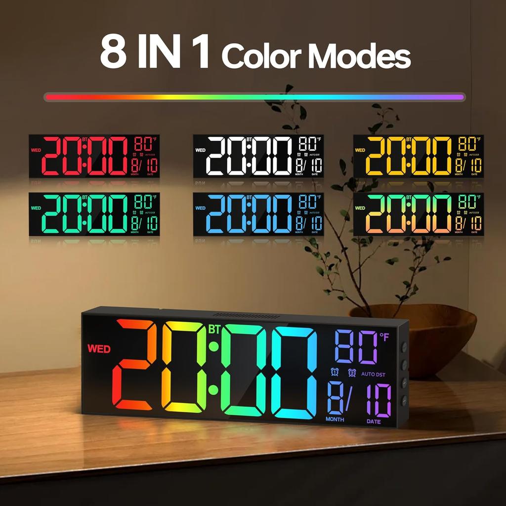 JALL 16.2" Large Digital Wall Clock with Seconds, Bluetooth Sync, Alarm Big LED, RGB Color, DST Temperature for Classroom Bedroom Garage Gym, Mount,