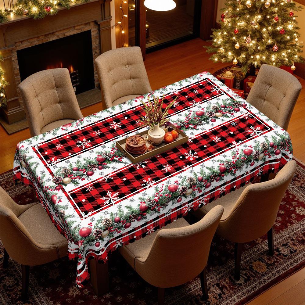 Christmas Red And Black Plaid Tablecloth, Snowflake Berry Pine Cone Print, Restaurant Coffee Table Party Decorative Cloth