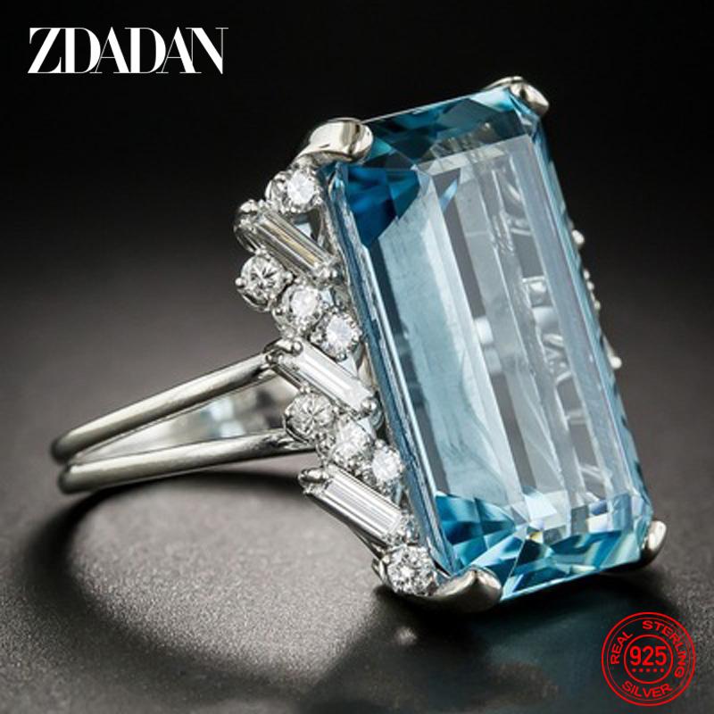 Anillo Cuadrado de Plata de Ley 925 con Charm de Aguamarina para Mujer Moda Joyería de Boda Regalo
