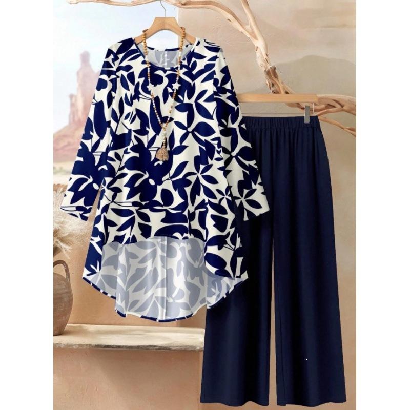 1116 Floral Print Suit Women's Long Sleeve Irregular Hoop Wide Leg Pants Casual Summer Large Size