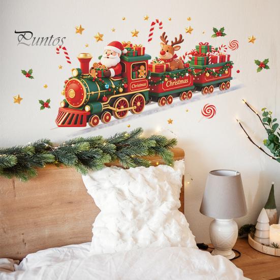 Transparent Pvc Holiday Mural Christmas Train Wall Sticker, Santa Claus Reindeer Decals, Self Adhesive Kids Room Ornament Murals, Removable