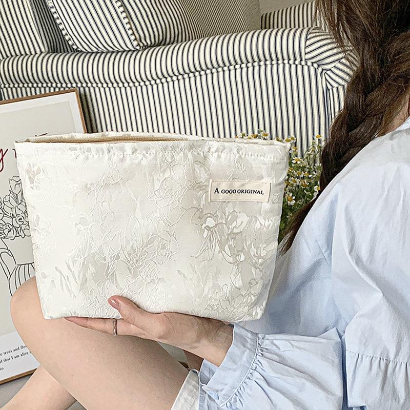 Solid Color Floral Makeup Pouch Simple Portable Clutch Bag Skincare Toiletry Ba Storage Organizer for Women Travel