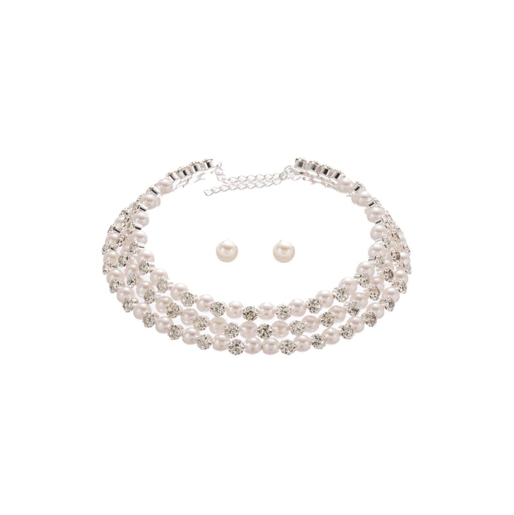 Retro Rhinestone and Faux Pearl Adjustable Jewelry Set with Three-Layer Pearl Earrings