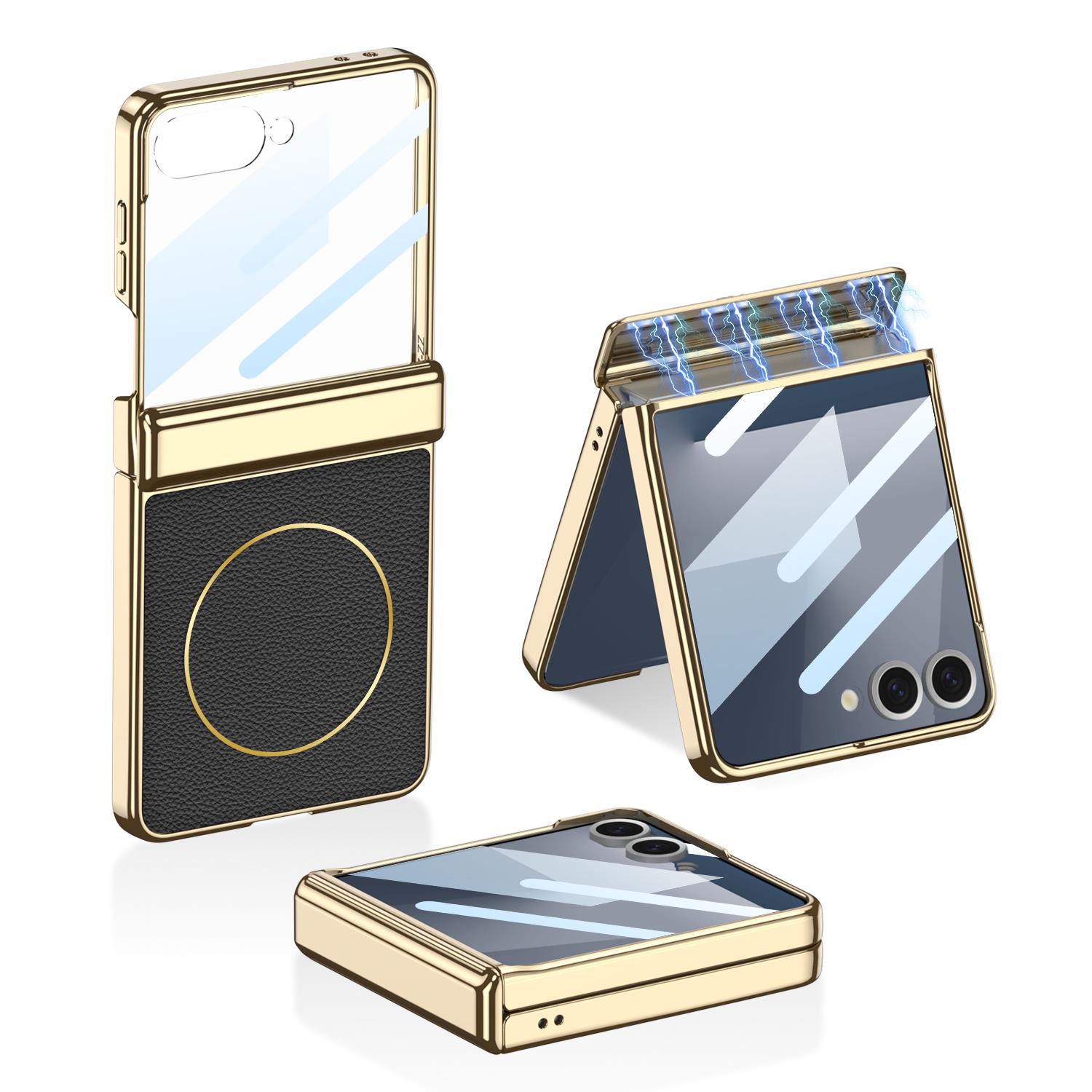 Magnetic Hinge Wireless Charge Case for Samsung Galaxy Z Flip 7 Plating PU Leather Screen Glass Cover For Galaxy Z Flip7 Case Galaxy Z Flip7 чёрный