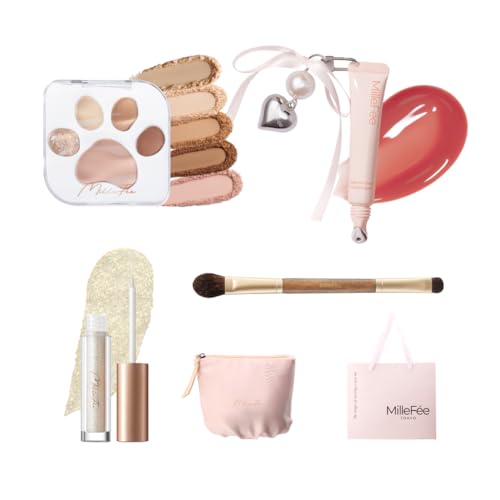 

MilleFee 2025 Holiday (Beige Set) Gift Set with Christmas Pouch and Gift Bag, Meowpaws Eyeshadow, Moisturizing Fit Gloss, Stella Glitter Liner, Fluffy