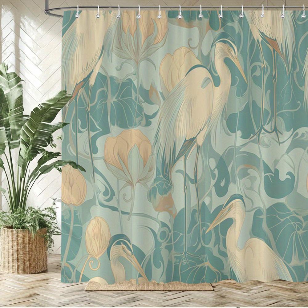 

Heron & Lotus Shower Curtain – Art Nouveau Print With Soft Teal Background, 3 Stylized Birds & Floral Motifs, 12 Hooks W60H190(CM)-1 Pcs