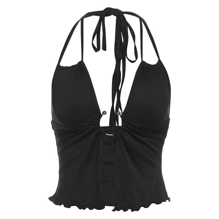 

Halter Lace-Up Irregular Camisole with Open Back and Metal Ring Detail - Sexy Summer Vest for Women Large чорний