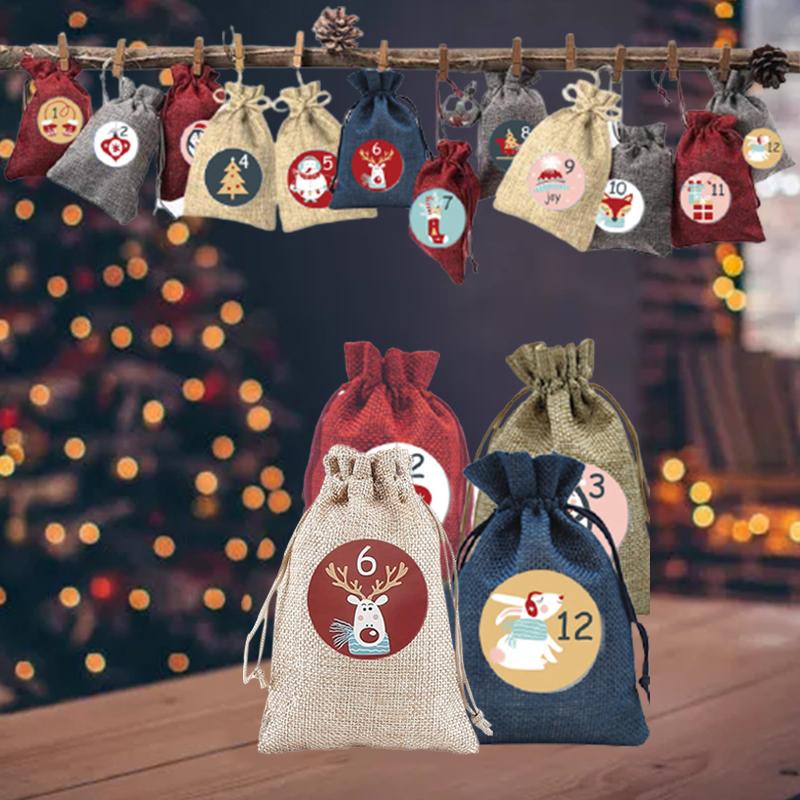 24Pcs/Set Christmas Gift Bags Christmas Advent Calendar Bag Candy Storage Pouch Diy Christmas Multi-Purpose Decoration