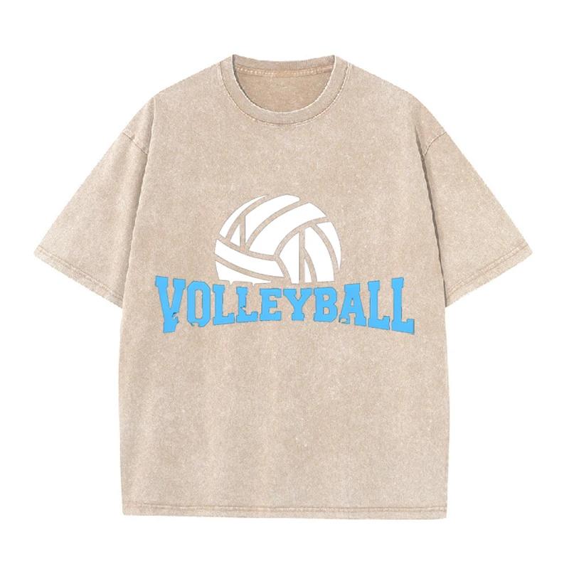 Volleyball Print Vintage Washed Black T Shirt Men Sports Casual Short Sleeve Tee