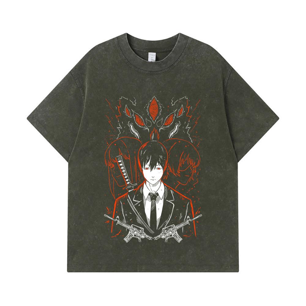 Koszulki GSM Washed Bawełna Chainsaw Man V Aki Nadruk Unisex Ciężka Bawełniana Koszulka