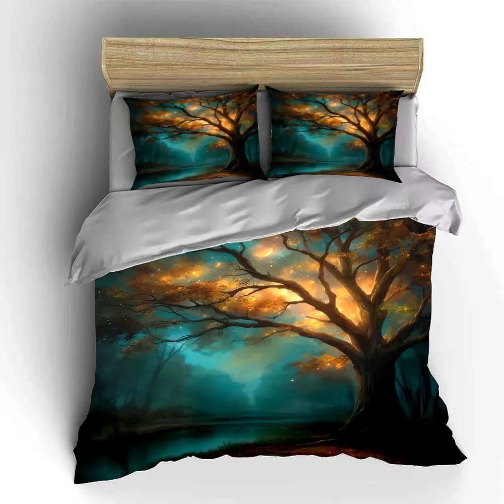 3Pcs Magical Forest Bedding Set Glowing Autumn Tree Print Duvet Cover + 2 Pillowcases Fantasy Nature Decor