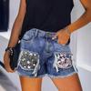 European & American Patchwork Ripped Snowflake Denim Shorts - Women's Slim Fit