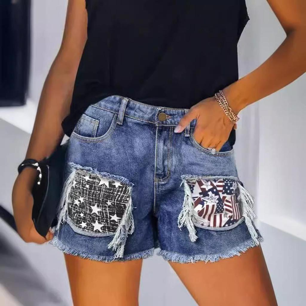 European & American Patchwork Ripped Snowflake Denim Shorts - Women's Slim Fit