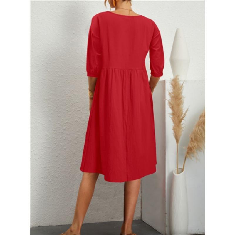 New Women's Solid Color Fashionable Sleeve Loose Cotton Linen Dress