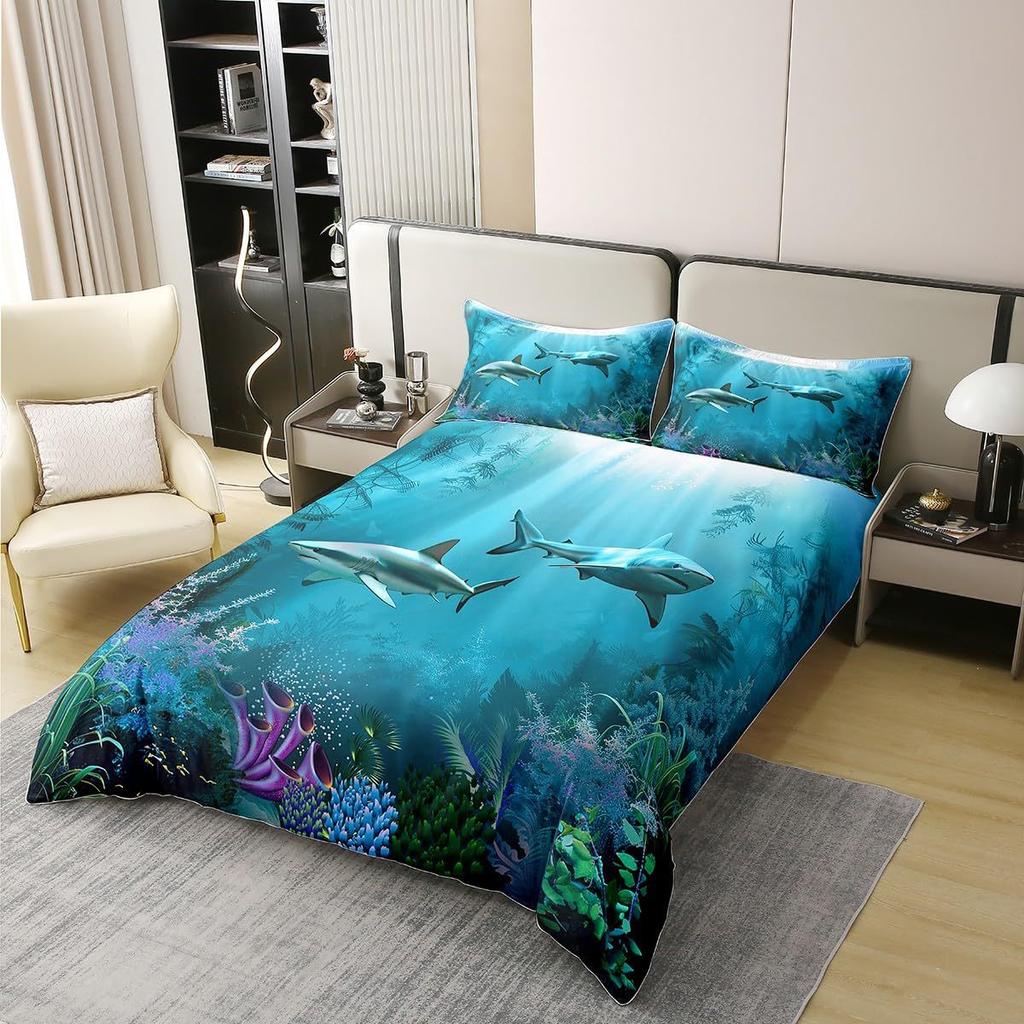 Shark marine life duvet cover digital print set suitable for boys and girls bedroom decoration bedding