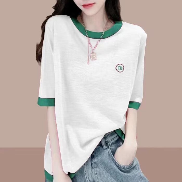 Women's Korean Style Color Block Patchwork Slimming Short Sleeve T-shirt