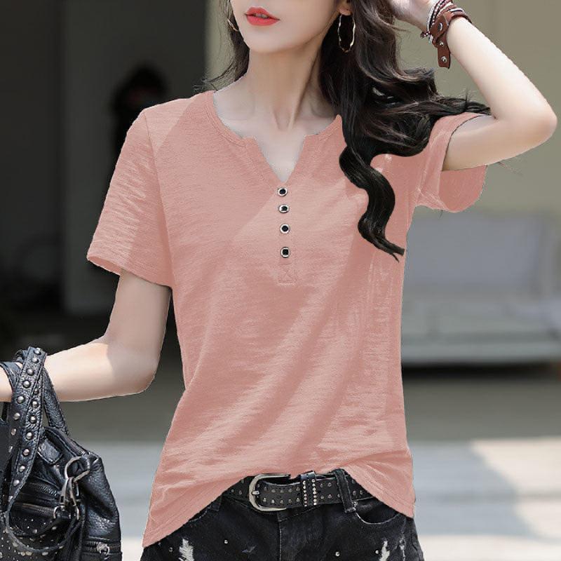 

2024 Bamboo Cotton Женская свободная футболка с V-образным вырезом и коротким рукавом