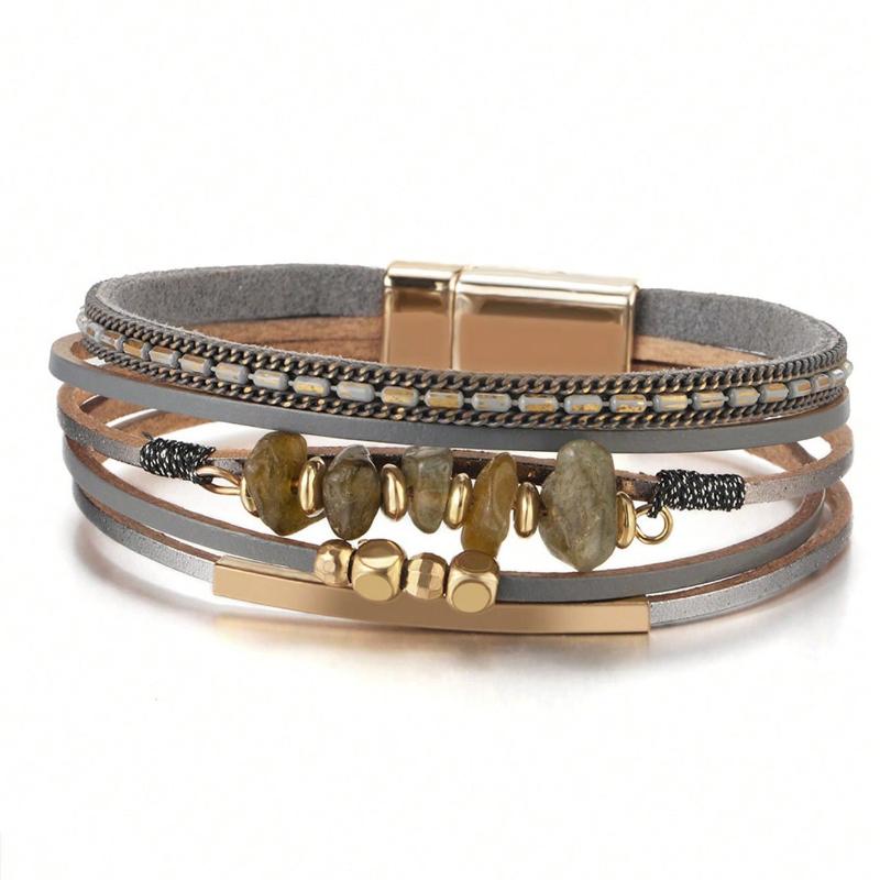 One Piece Europeisk och Amerikansk Stil Natursten Pärlstav Mässingsrör Design Kohudsläder Rep Kvinnor Grön Armband Sommar Strand