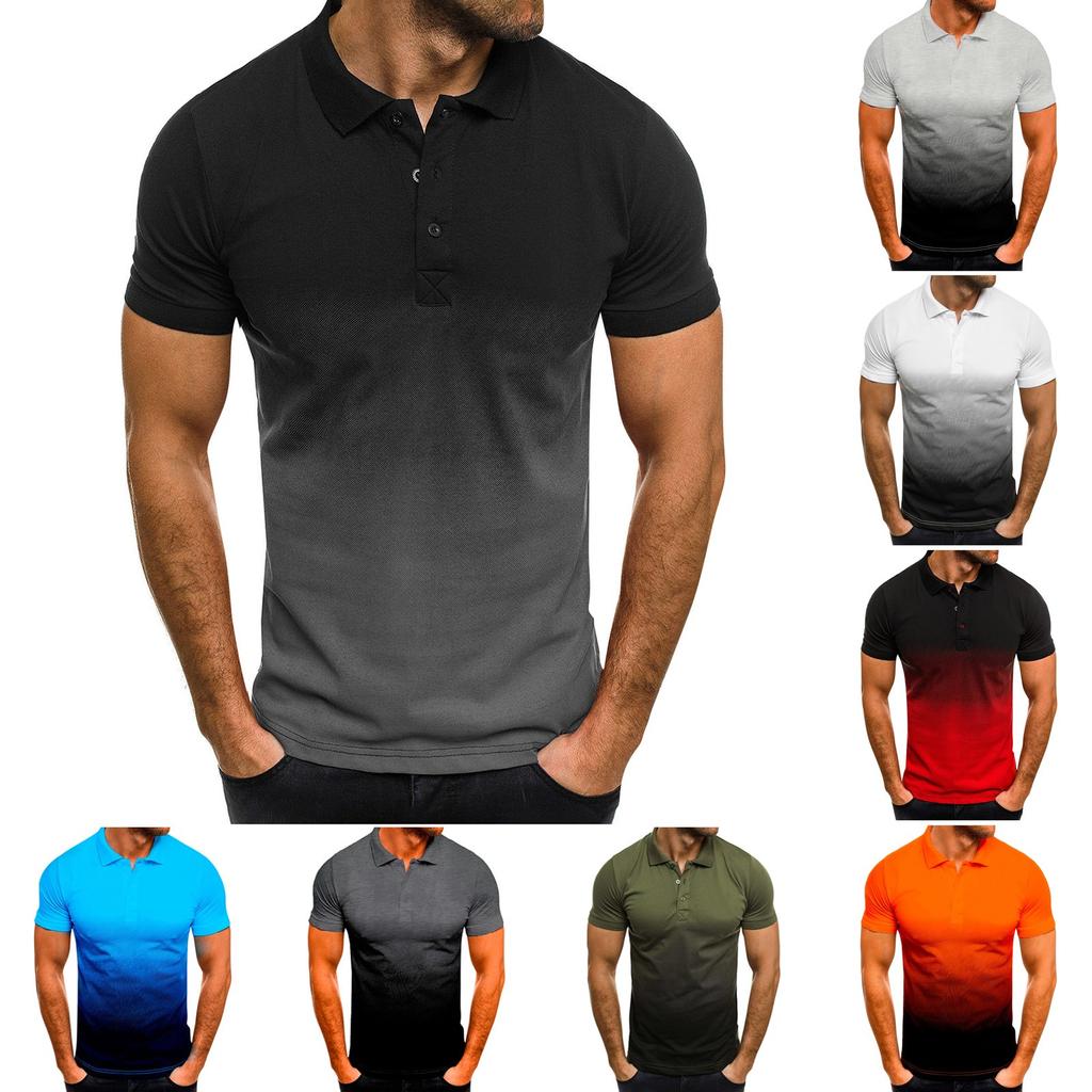 Mens Casual Sport Gradient Lapel Button Short Sleeve Top T-Shirt Blouse