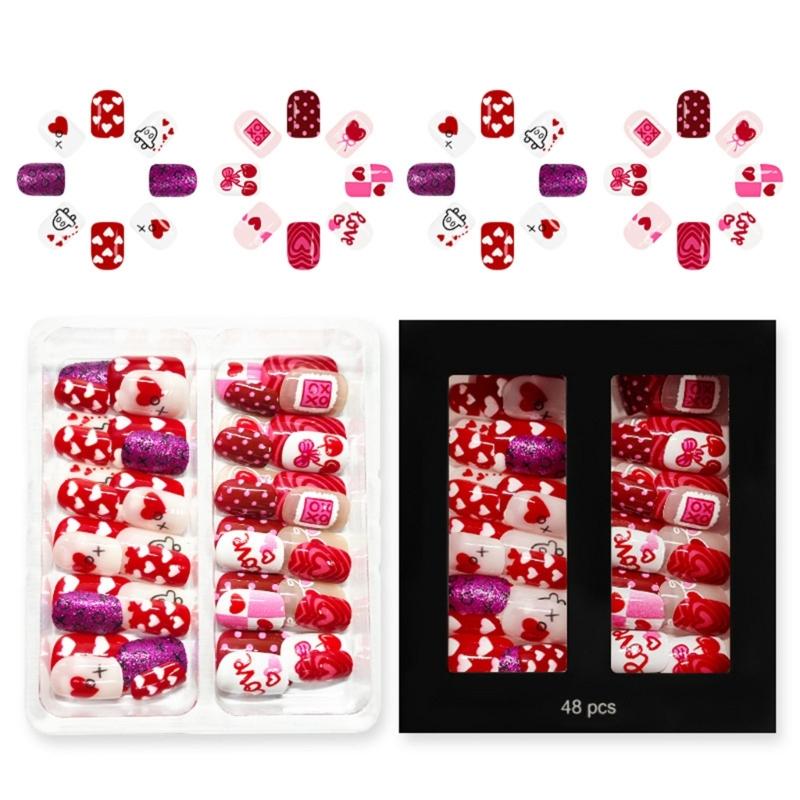 48Pcs False Nail Pink Heart Cherries Blossom Glitters Pattern Romantics Theme Easy To Apply for Parties Daily Use