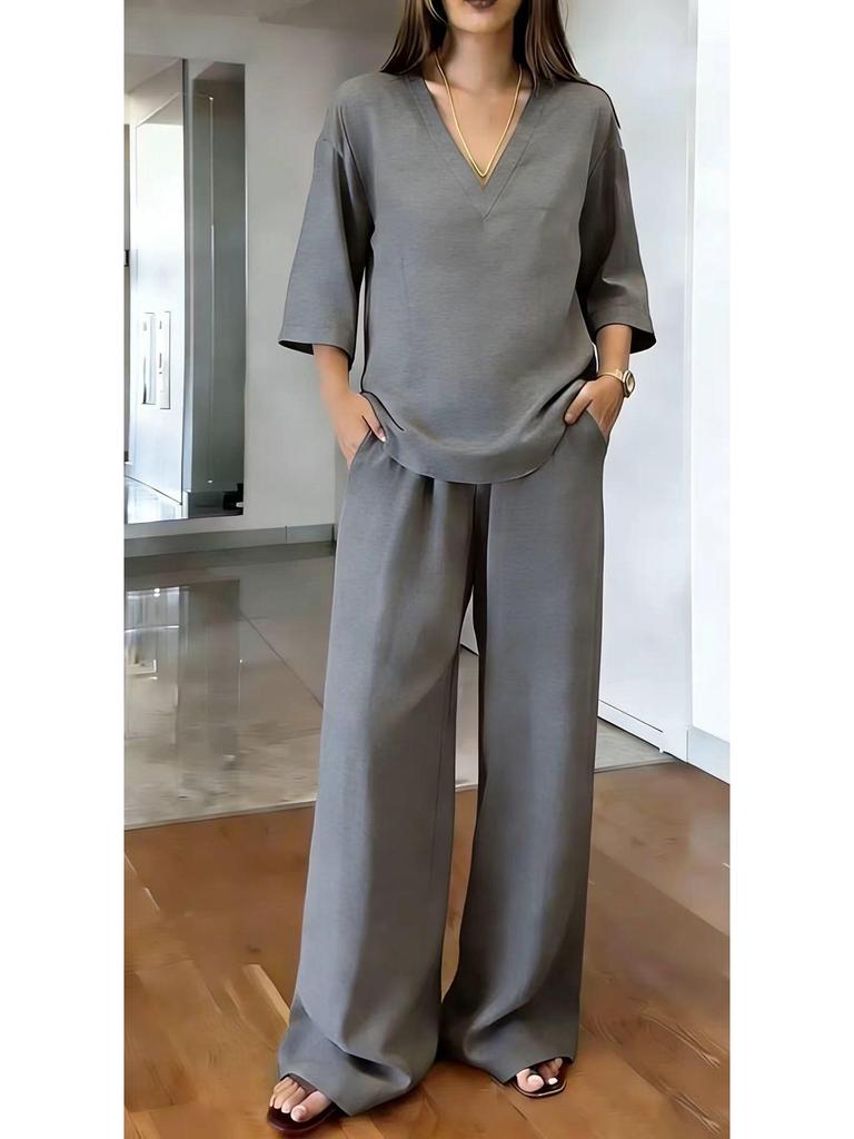 Women's Spring V-Neck Top and Wide-Leg Pants Set - Solid Color, Short-Sleeved, European & American Style Casual Wear