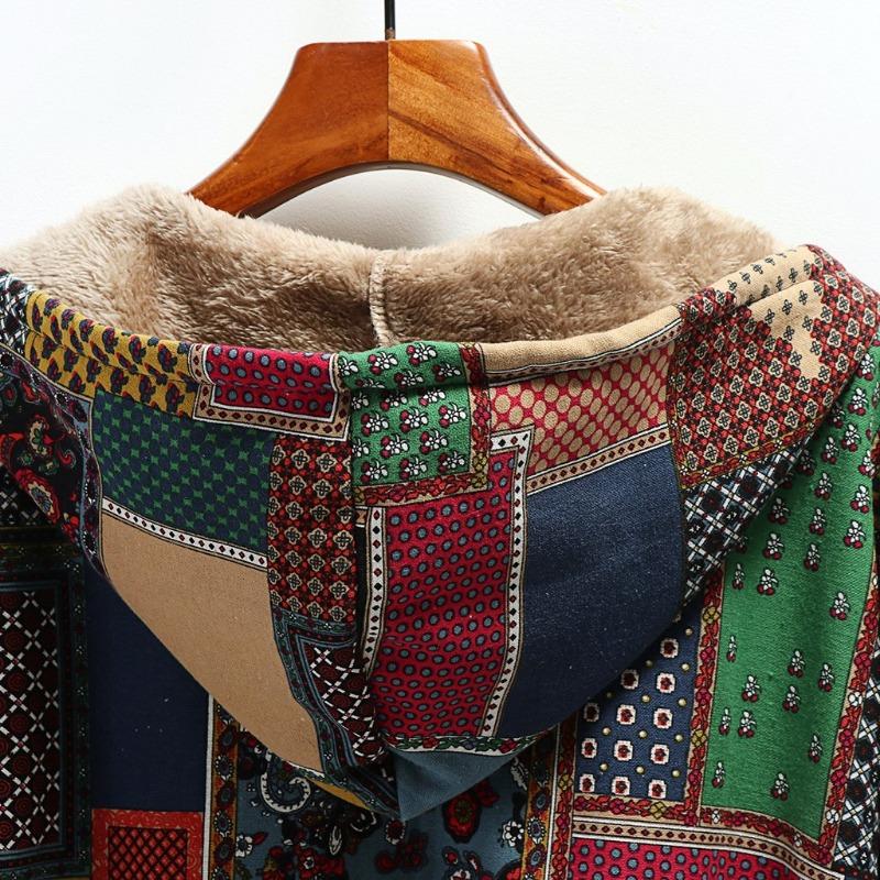 Winter Vintage Women Coat Warm Printing Thick Fleece Hooded Long Jacket with Pocket Outwear Loose Jackets