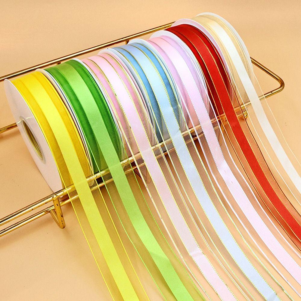 2.5cm Width Organza Ribbon Silver Edge Offset Printing Gold Edged Ribbon Glitter Tulle 45 Yards Length Lurex Ribbon