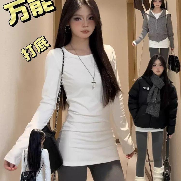 

Женская приталенная футболка с длинным рукавом 2025: Универсальный базовый слой Осень/Зима Medium белый