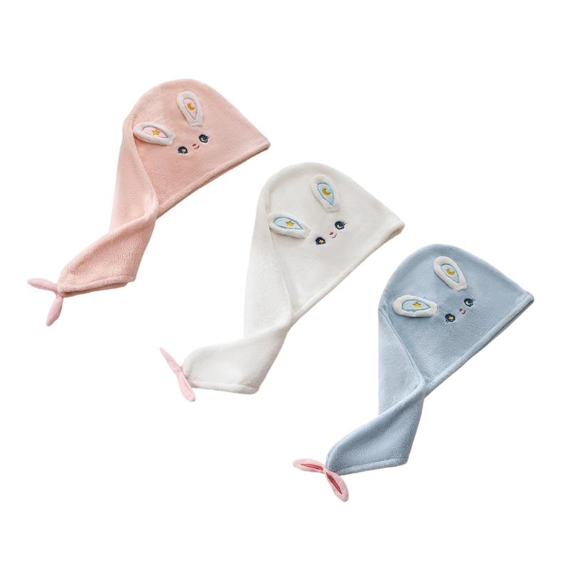 Cartoon Rabbit Hair Towel Wrap Hair Dry Hat Absorbent Hair Drying Towel Hair Towel with Button for Bathroom