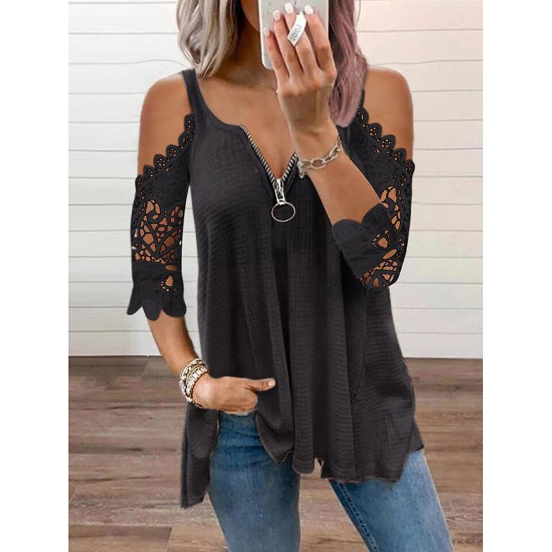 Summer Sexy Plus Size Lace T-shirt Women's Clothing Tunic Casual Elegant Half Sleeve Tops V Neck Zipper Off Shoulder Oversized Tees