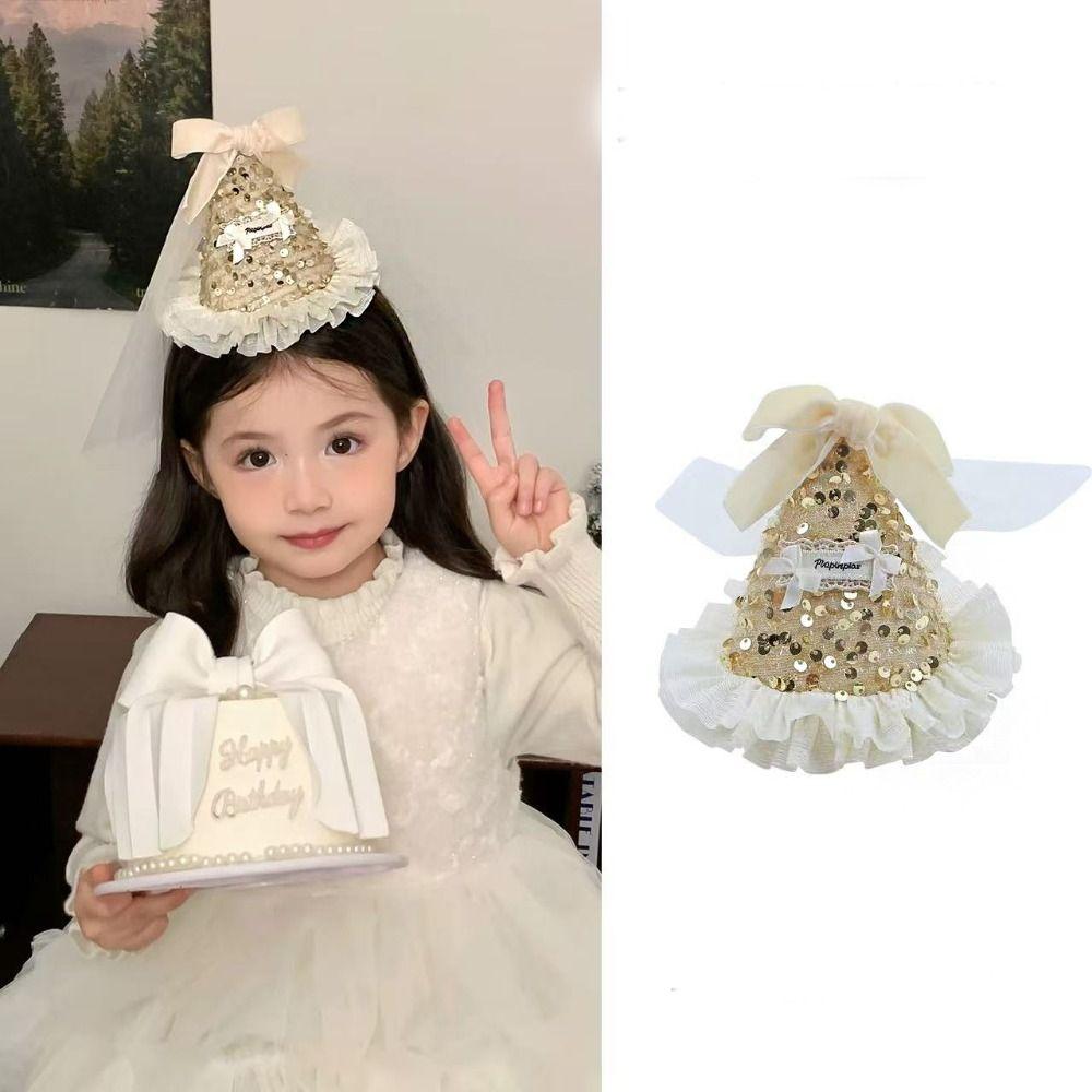 Velvet Birthday Crown Mesh Sequined Hat Lovely Bow Hair Clip  Children's