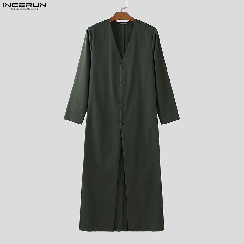 INCERUN Autumn Men V Neck Long Sleeve High Splits Casual Long T-shirts Tops