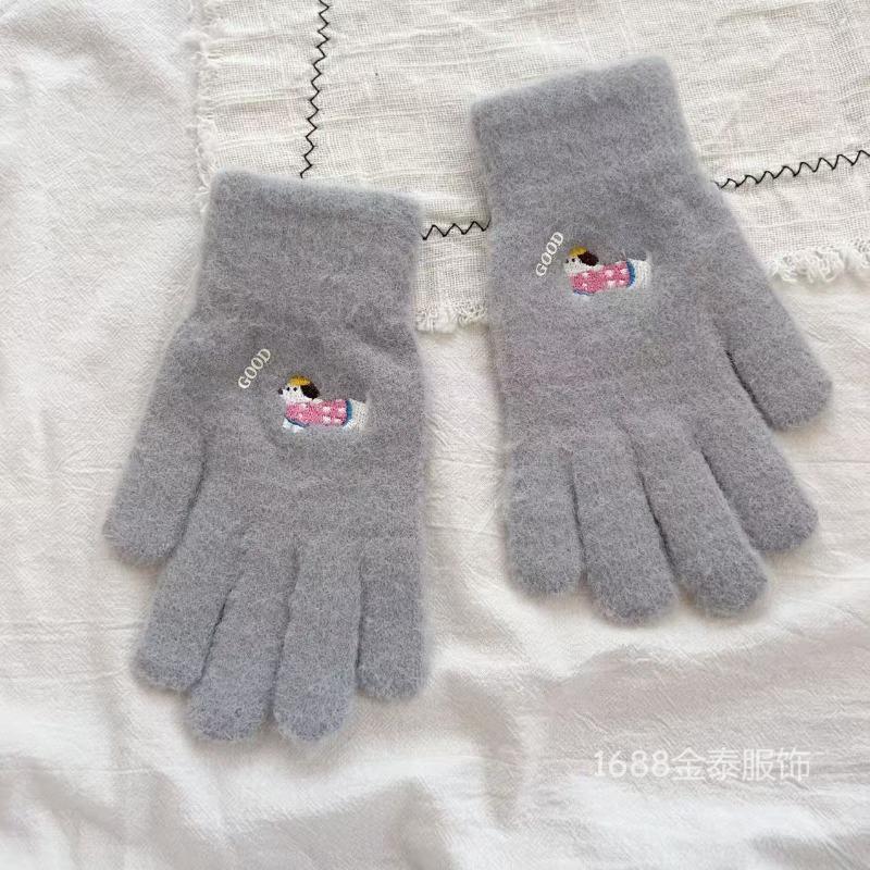 Oood Cartoon Dachshund All-finger Gloves Autumn and Winter New Warm and Fleece Windproof Five-finger Gloves