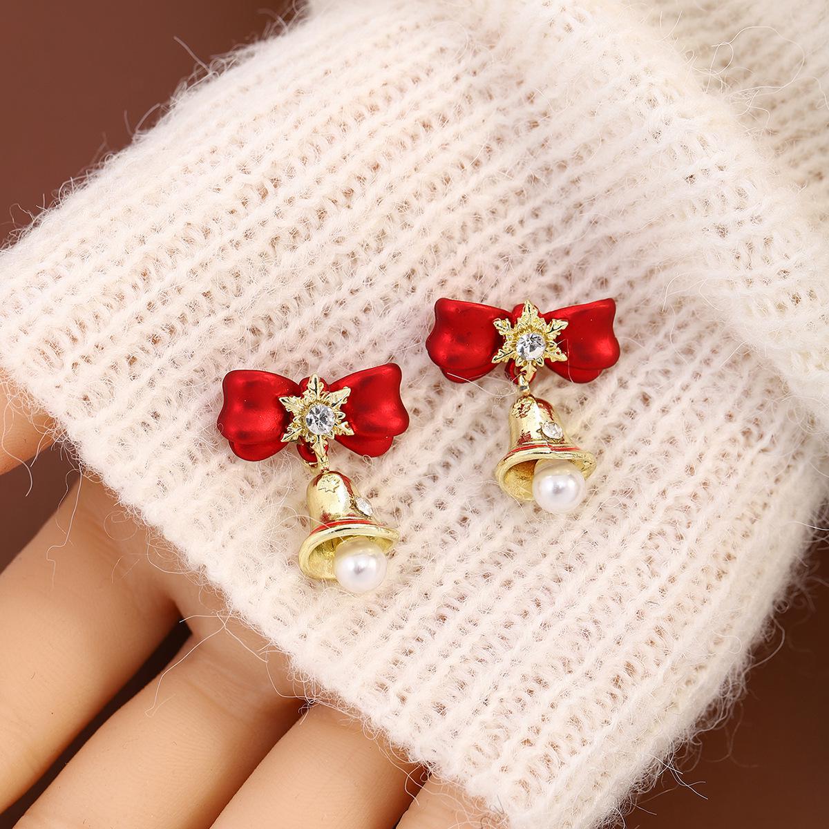 

Silver Needle Snowflake Red Bow Stud Earrings with Rhinestones, Bells & Pearls - Christmas & New Year Design