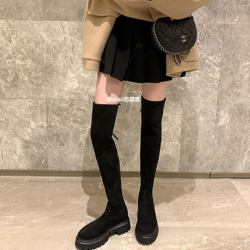 Legs Fine Bi Preparation~ SW Thick High Heel Thick Bottom Round Head Velvet Long Elastic Boots Women's Knee Boots Show Height