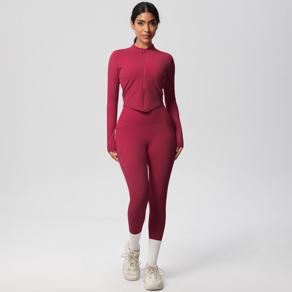 Naked Tight Zipper Jacket Yoga Suit Set, High Waist Pocket Quick Drying Exercise Running Fitness Two-Piece Set For Women