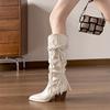 Fashion Autumn Winter Fashion Soft Leather Pleated Women Knee-high Boots Vintage Faux Suede Western Cowboy High heels Knight Boots Shoes