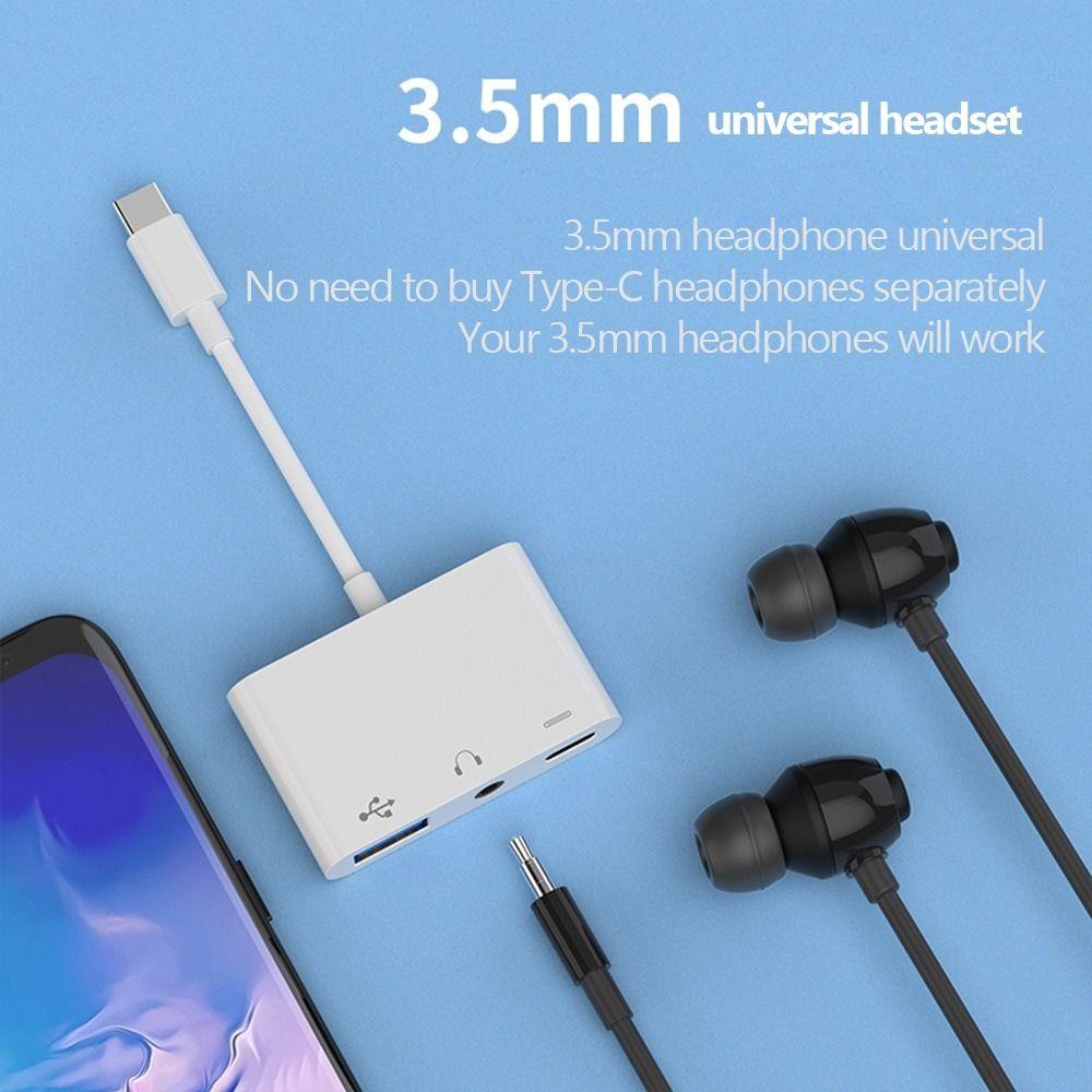 Mobilní telefon 3 v 1 USB rozbočovač Type-C na 3,5mm audio převodník přenos dat OTG adaptér