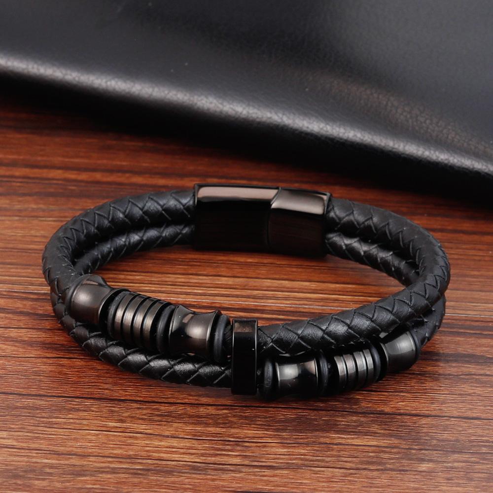 New Fashion Multilayer Leather Bracelet for Men Jewelry Punk Stainless Steel Bangle Magnetic Buckle Black  Color