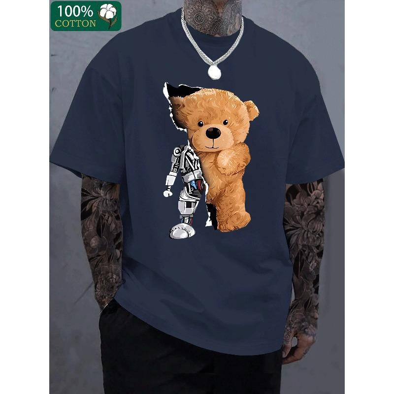 Men's 100% Pure Cotton Summer Loose Oversized Casual Mechanical Bear Pattern Printed Sports Round Neck Short Sleeved T-shirt Top